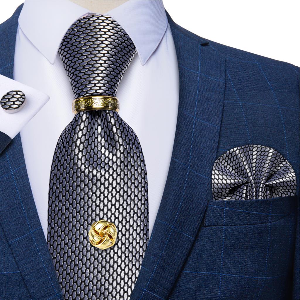 Cufflinks Silver Set - Silver Black Plaid Silk Ties For