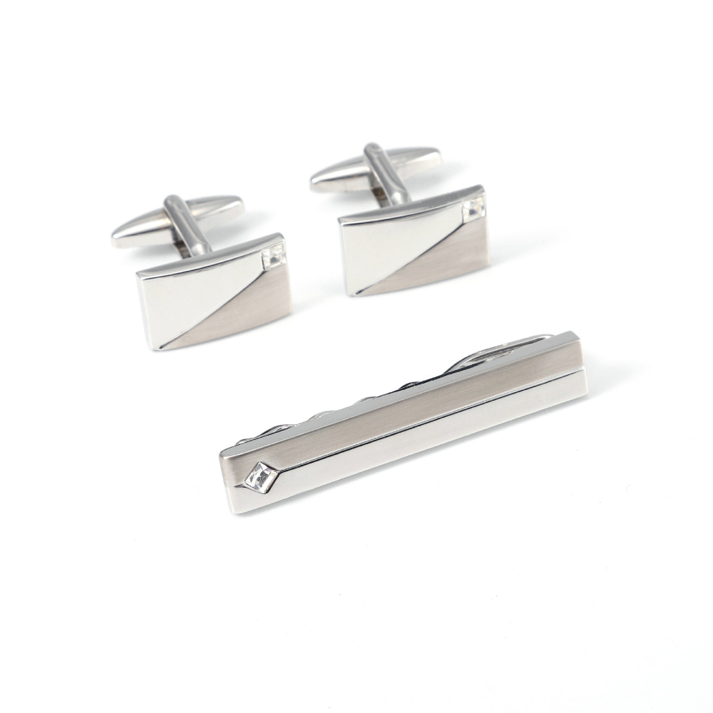 Cufflinks Silver Set - Simple Geometric Diamond Studded Cufflinks and