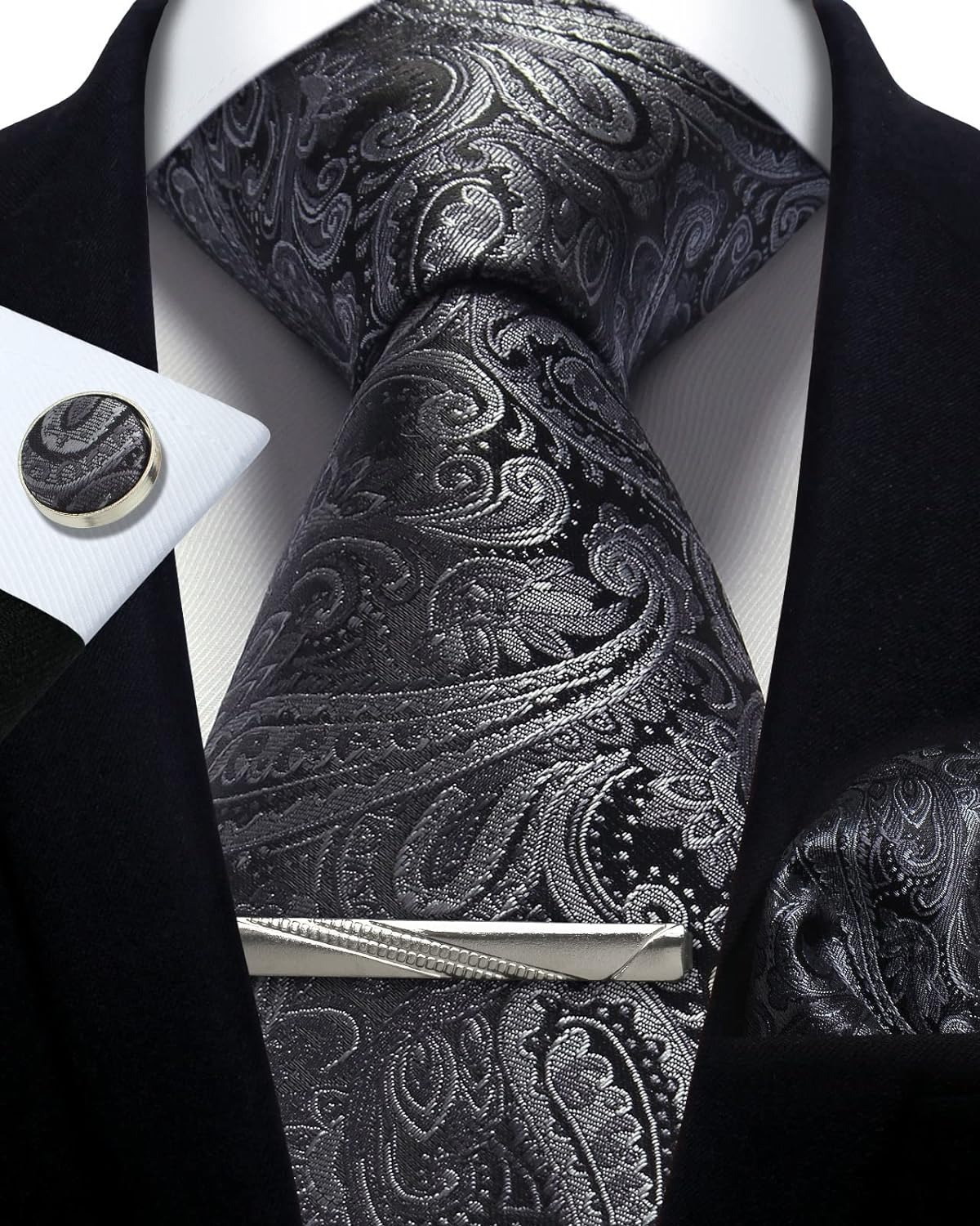 Cufflinks Silver Set - Mens Tie Set Silk Silver Paisley