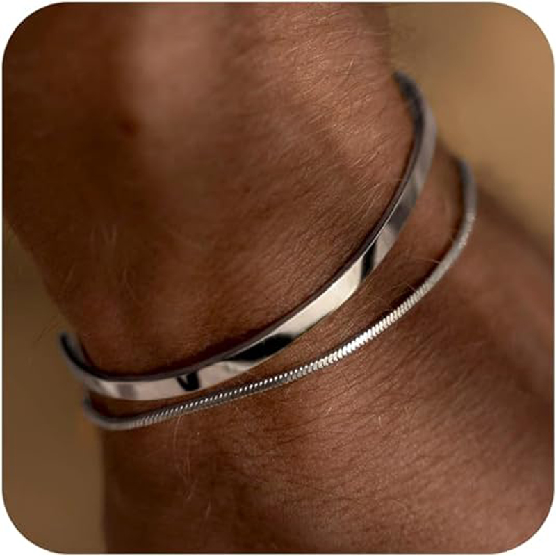 Cufflinks Silver Set - Stackable Bracelets for Men, 925 Sterling