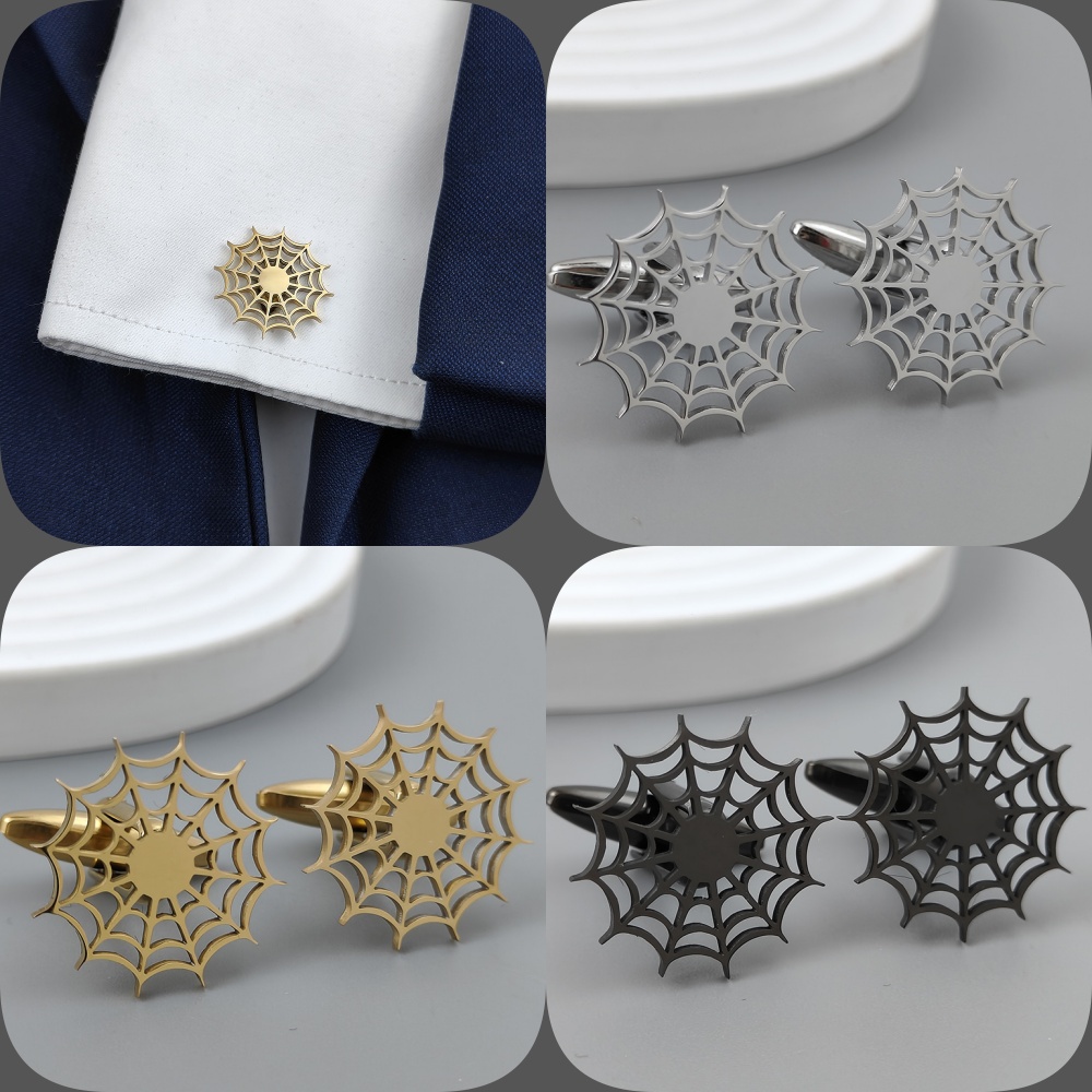 Dress Shirt French Cuff - Silver spider web hollow gold-plated cufflinks,