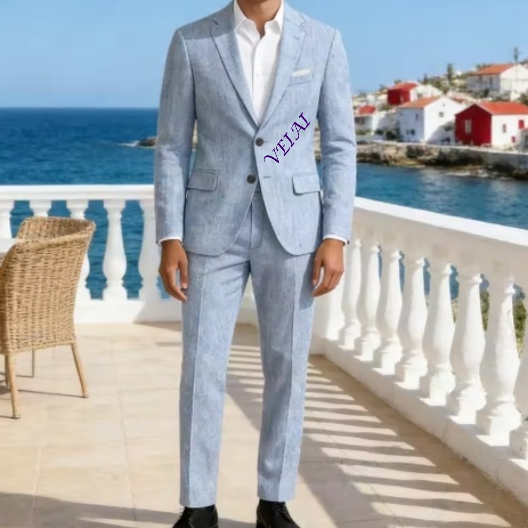 Customized Soft Sky Blue Linen - Men'S Formal Wear For A Wedding 评论和价格