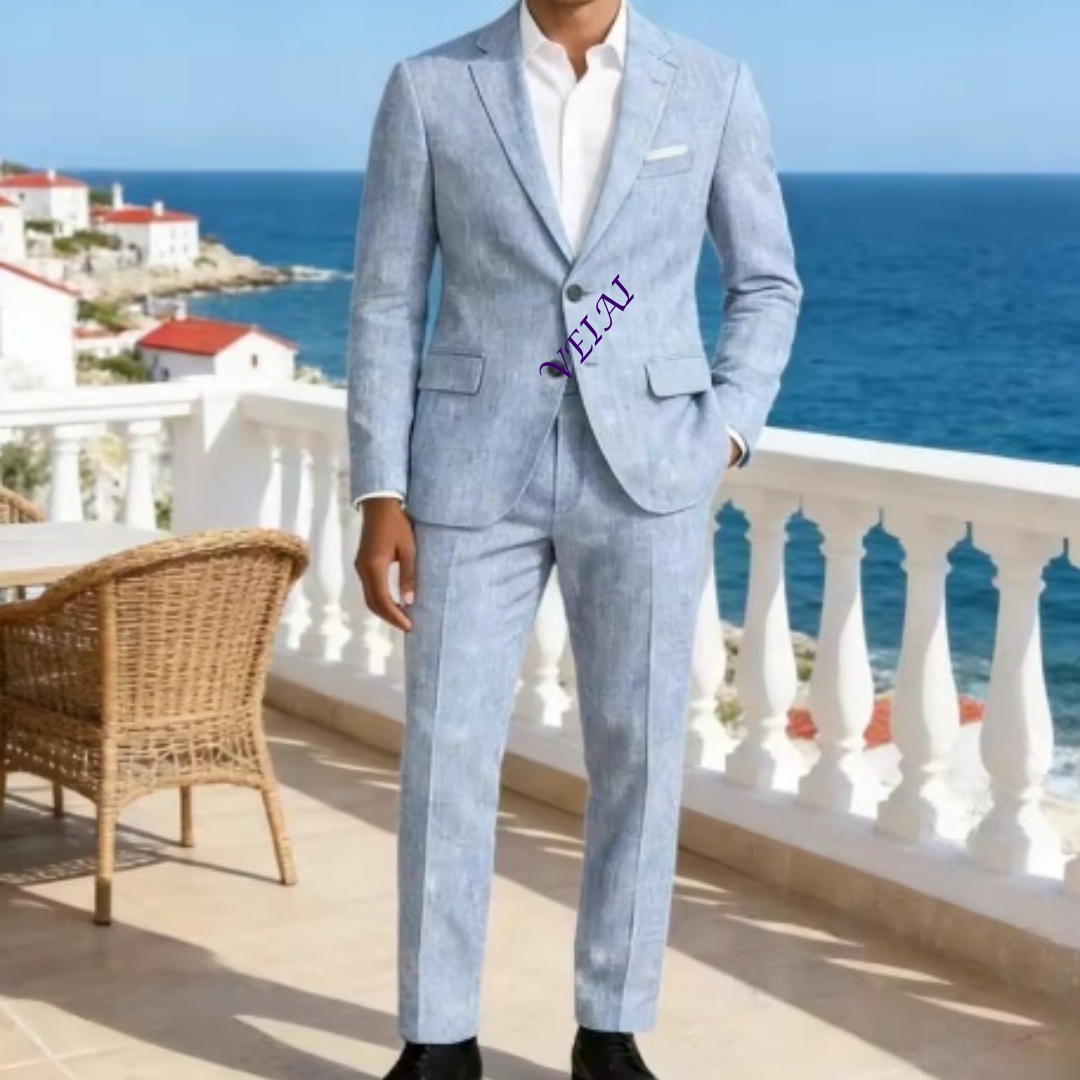 Customized Soft Sky Blue Linen - Men'S Formal Wear For A Wedding 评论和价格