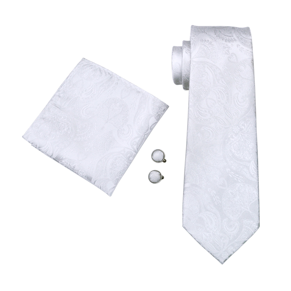FA-393 Men's Tie White Paisley - Cufflinks Silver Set 评论和价格