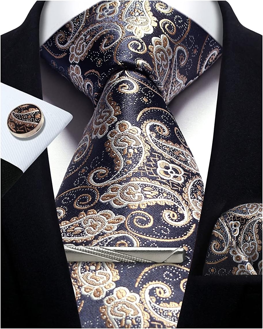 Mens Tie Set Silk Silver Paisl - Cufflinks Silver Set 评论和价格
