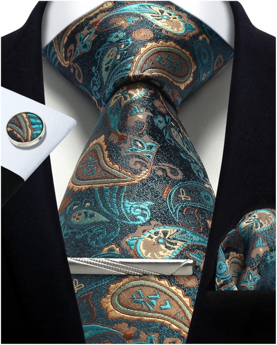 Mens Tie Set Silk Silver Paisl - Cufflinks Silver Set 评论和价格