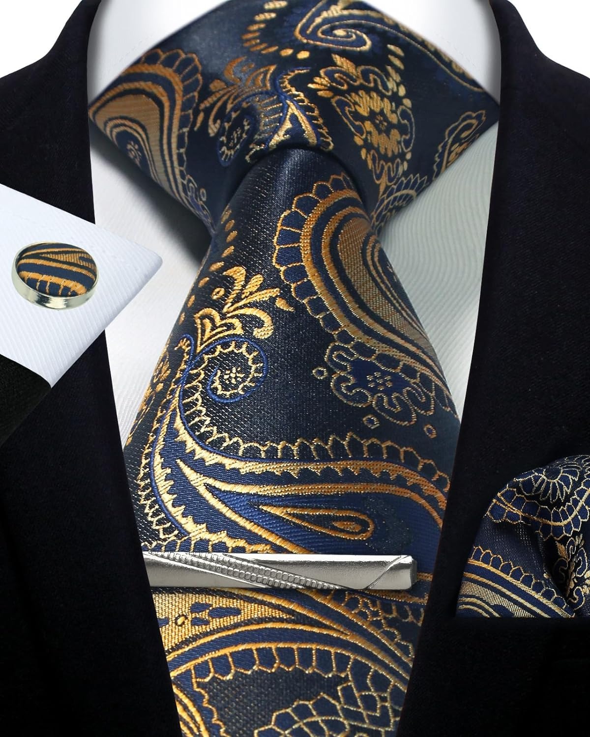 Mens Tie Set Silk Silver Paisl - Cufflinks Silver Set 评论和价格