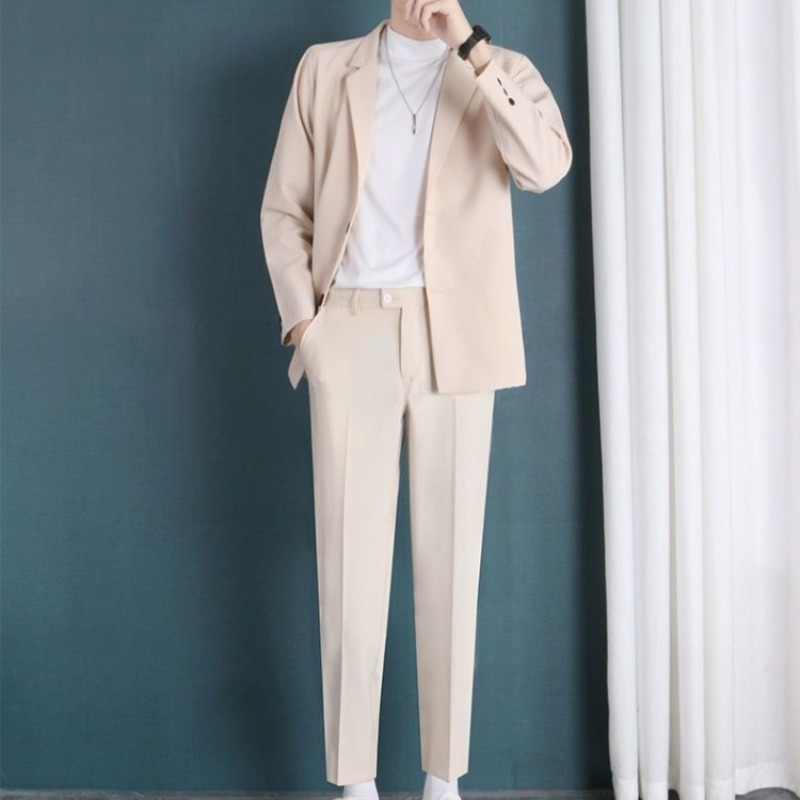 Men's Apricot Tow Piece Suit S - Korean Men Formal Wear 评论和价格